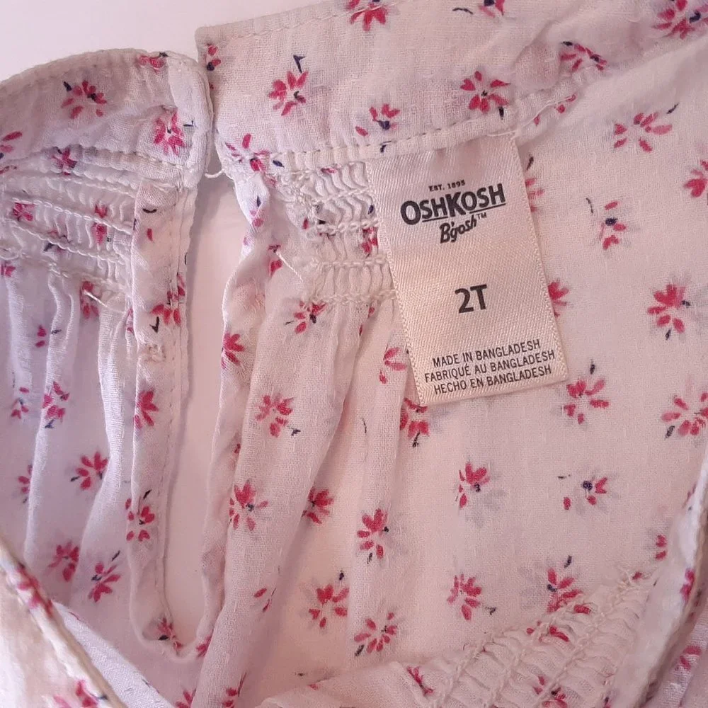 OSHKOSH Floral Ruffled Smocked Pleated Top Girls Size 2T White Pink